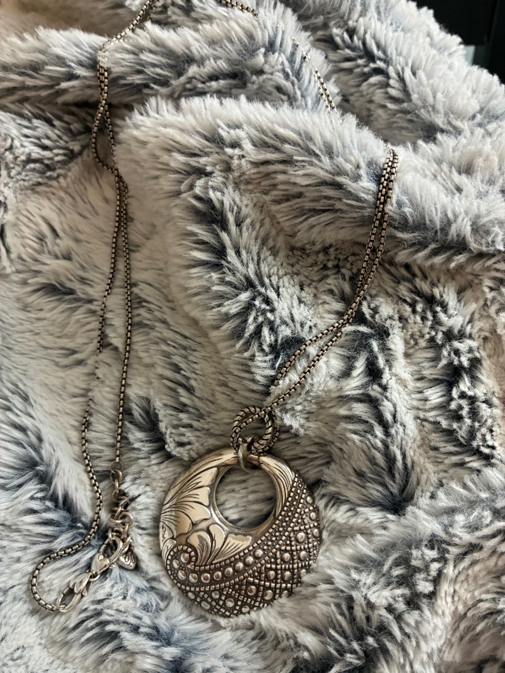 Retired - Brighton Silvertone Puffed Round Reversible Circle necklace.